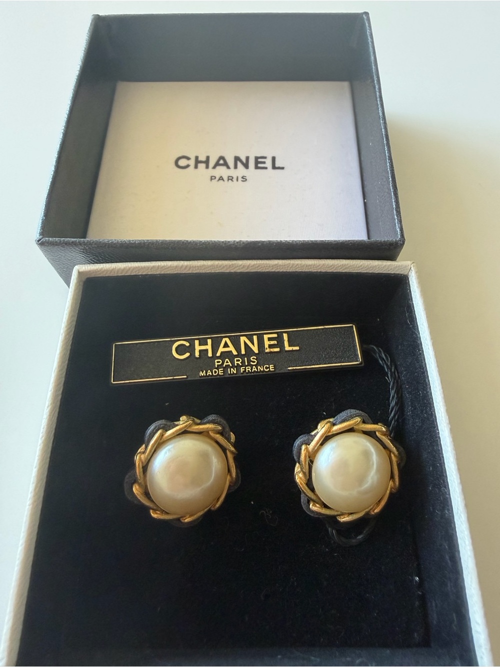Vintage CHANEL Gold-Tone Braided Button Earrings with Cream Pearls with leather
